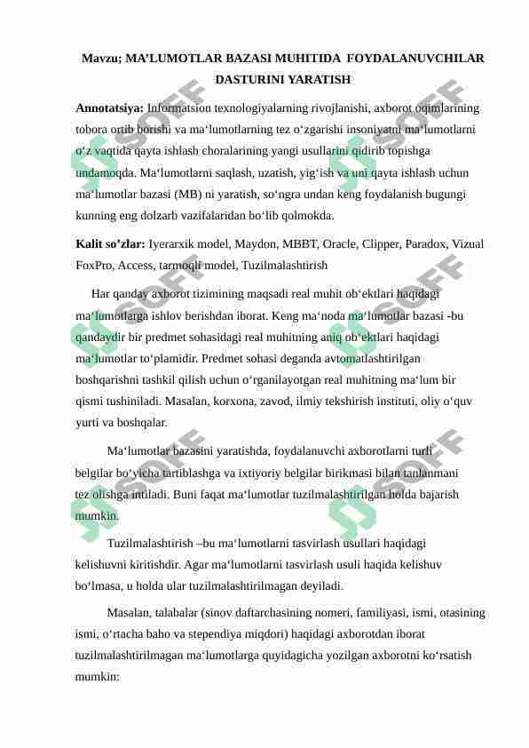 MA’LUMOTLAR BAZASI MUHITIDA  FOYDALANUVCHILAR DASTURINI YARATISH
