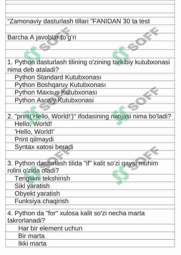 “Zamonaviy dasturlash tillari ”FANIDAN 30 ta test