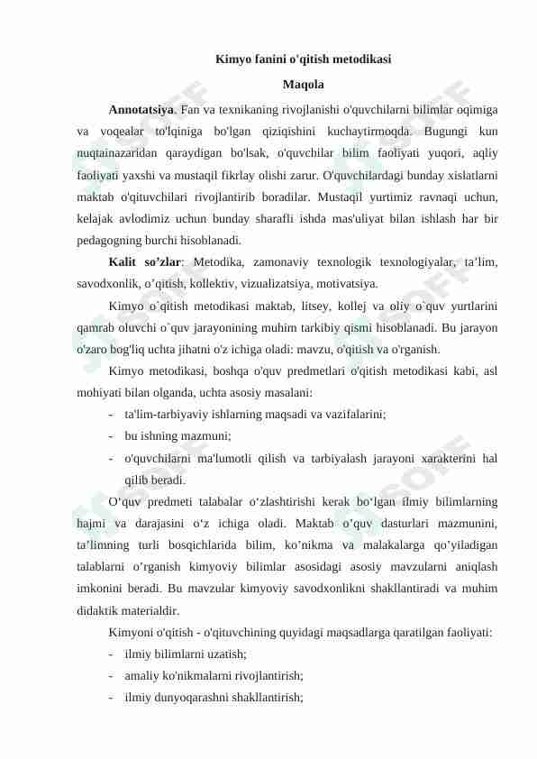 Kimyo fanini o'qitish metodikasi