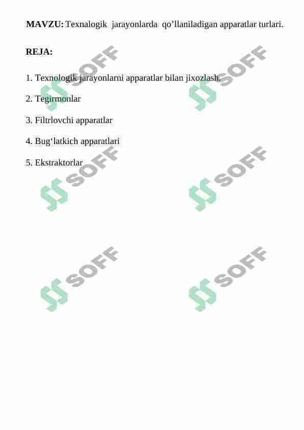 Texnalogik  jarayonlarda  qo’llaniladigan apparatlar turlari