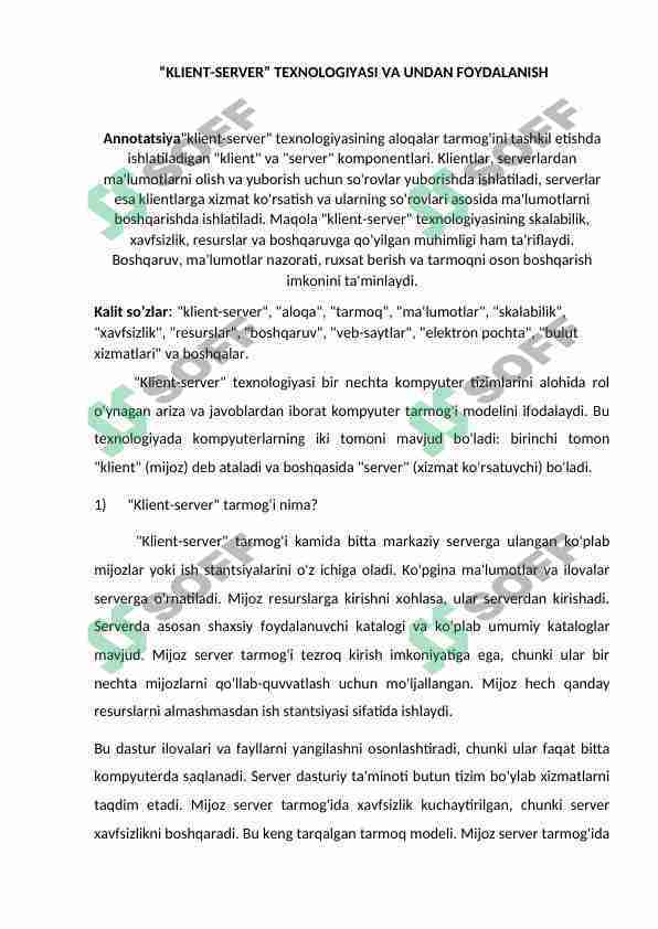 “KLIENT-SERVER” TEXNOLOGIYASI VA UNDAN FOYDALANISH
