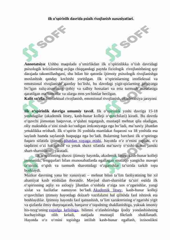 Ilk o‘spirinlik davrida psixik rivojlanish xususiyatlari.