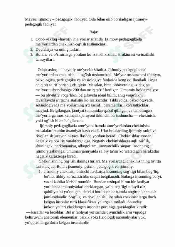 Ijtimoiy – pedagogik  faoliyat. Oila bilan olib boriladigan ijtimoiy-pedagogik faoliyat.