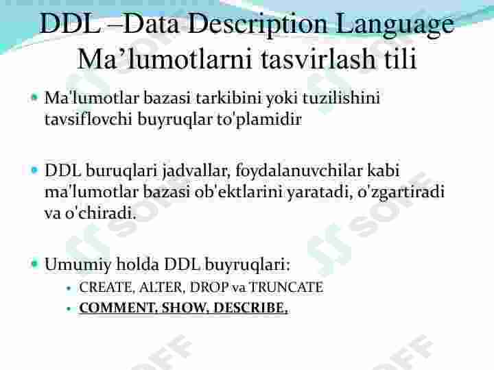 SQLtili yordamida ma‘lumotlarni tavsiflash.