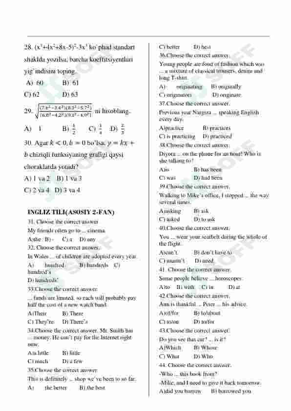 Matematika va Ingliz tili. Blok test. Javoblari bilan