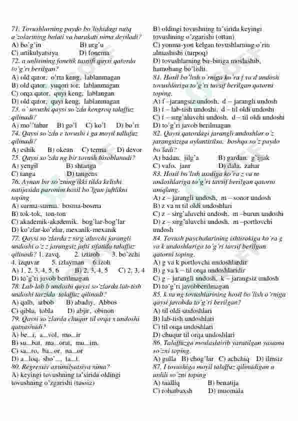 Ona tili fanidan testlar to'plami