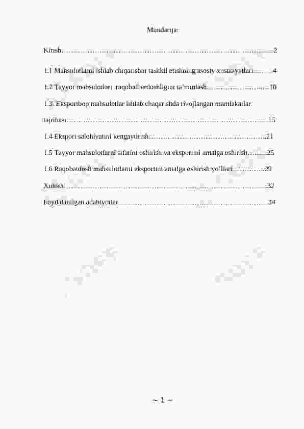 Tayyor mahsulotlari  raqobatbardoshligini ta’minlash