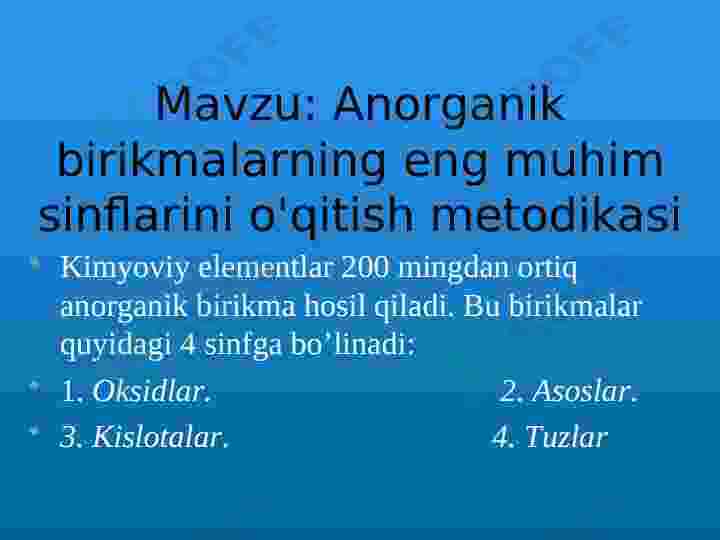 Anorganik birikmalarning eng muhim sinflarini o'qitish metodikasi
