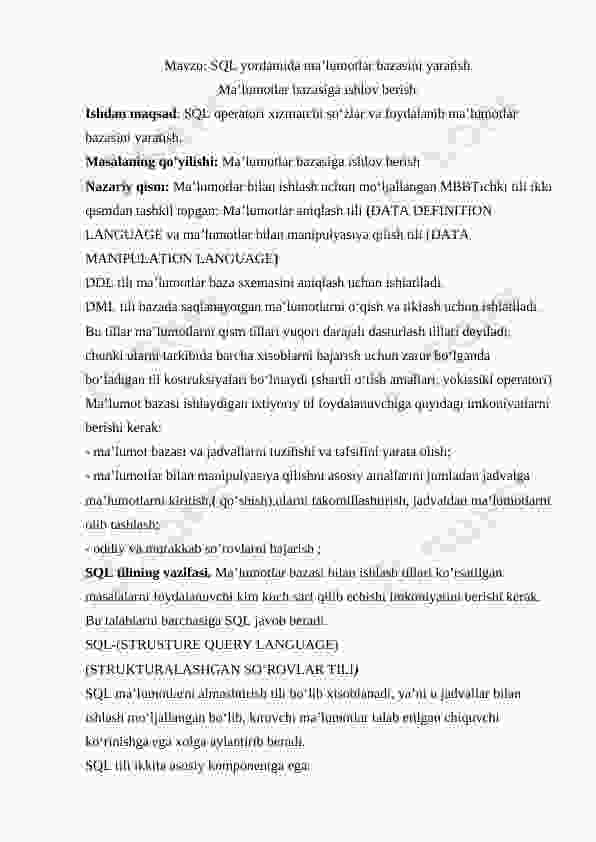 SQL yordamida ma’lumotlar bazasini yaratish.