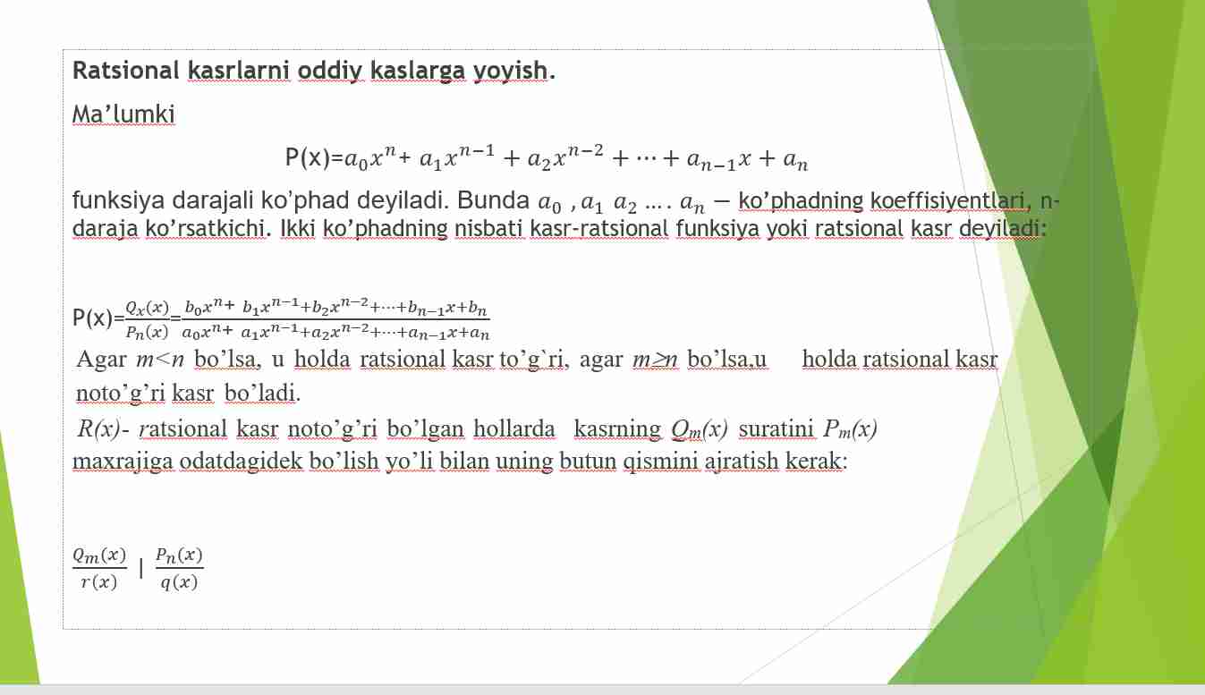 Ratsional kasr trigonometrik ,irratsional  funksiyalarni integrallash