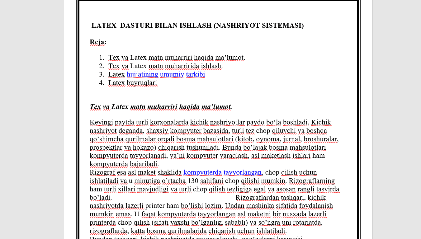 LATEX  DASTURI BILAN ISHLASH (NASHRIYOT SISTEMASI)