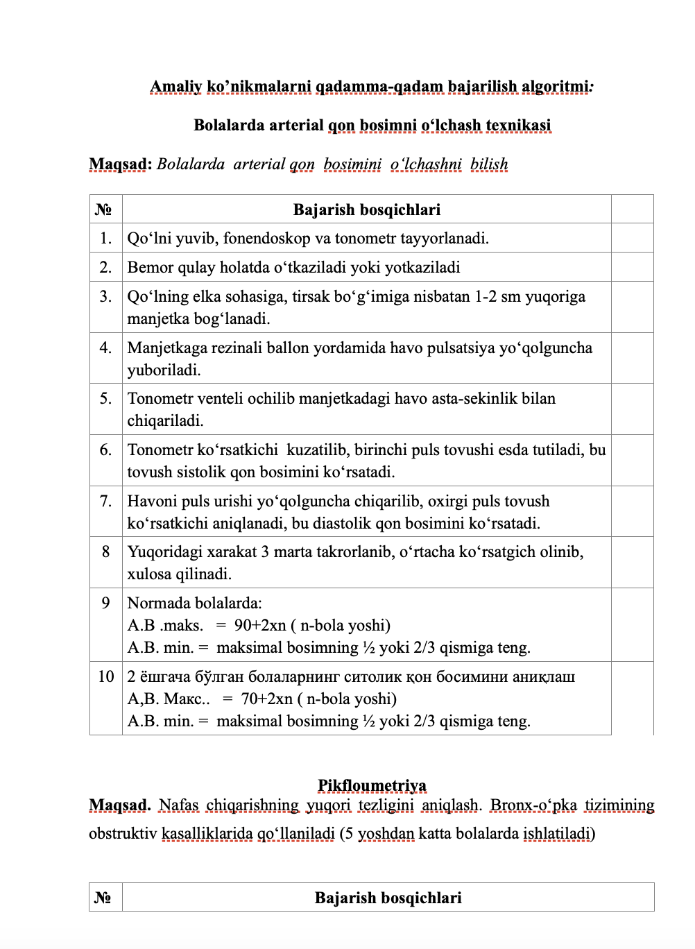 Bolalarda arterial qon bosimni o‘lchash texnikasi