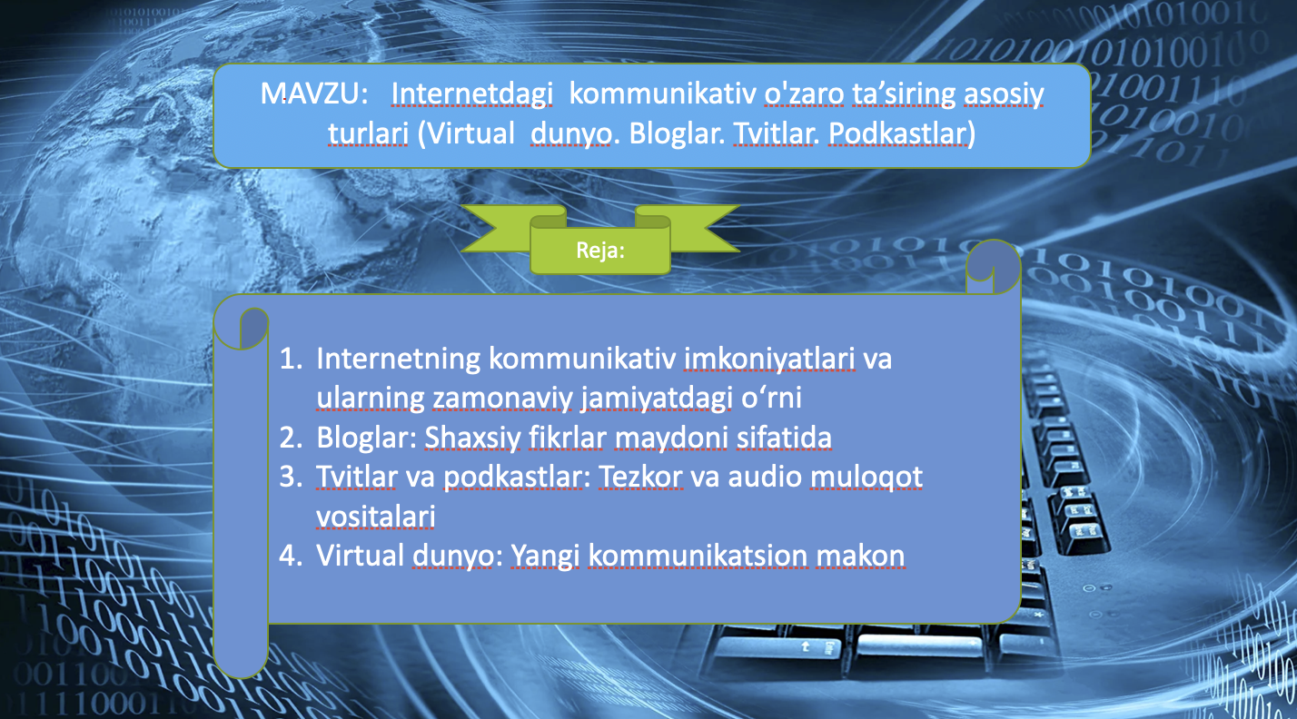 Internetdagi kommunikativ o'zaro ta’siring asosiy turlari (Virtual dunyo. Bloglar. Tvitlar. Podkastlar)