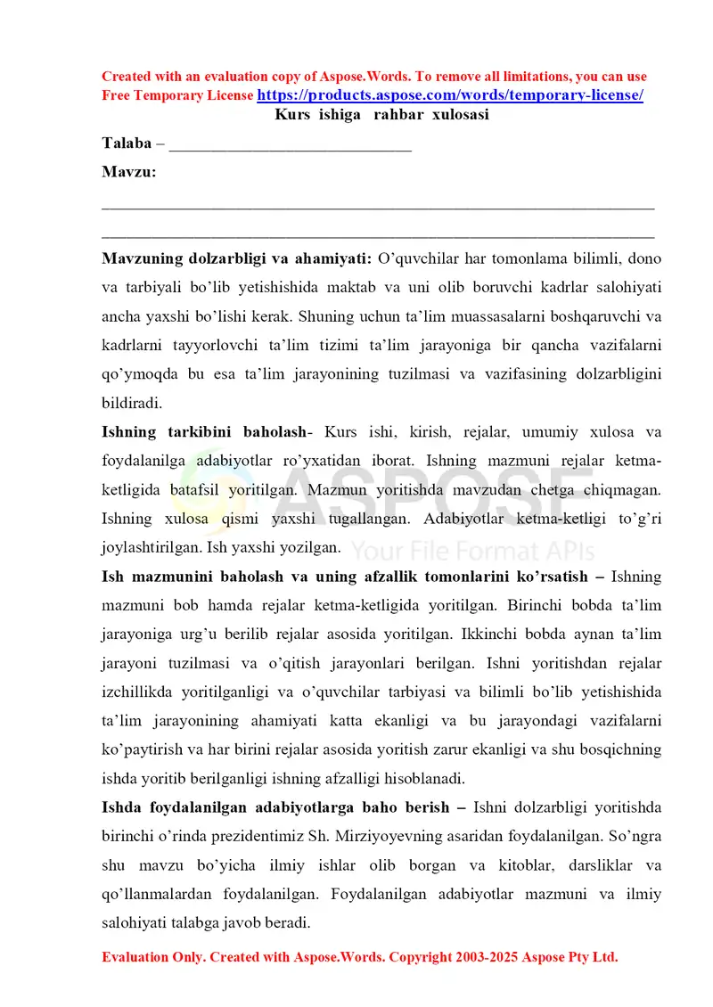 Kurs ishiga rahbar xulosasi shablon