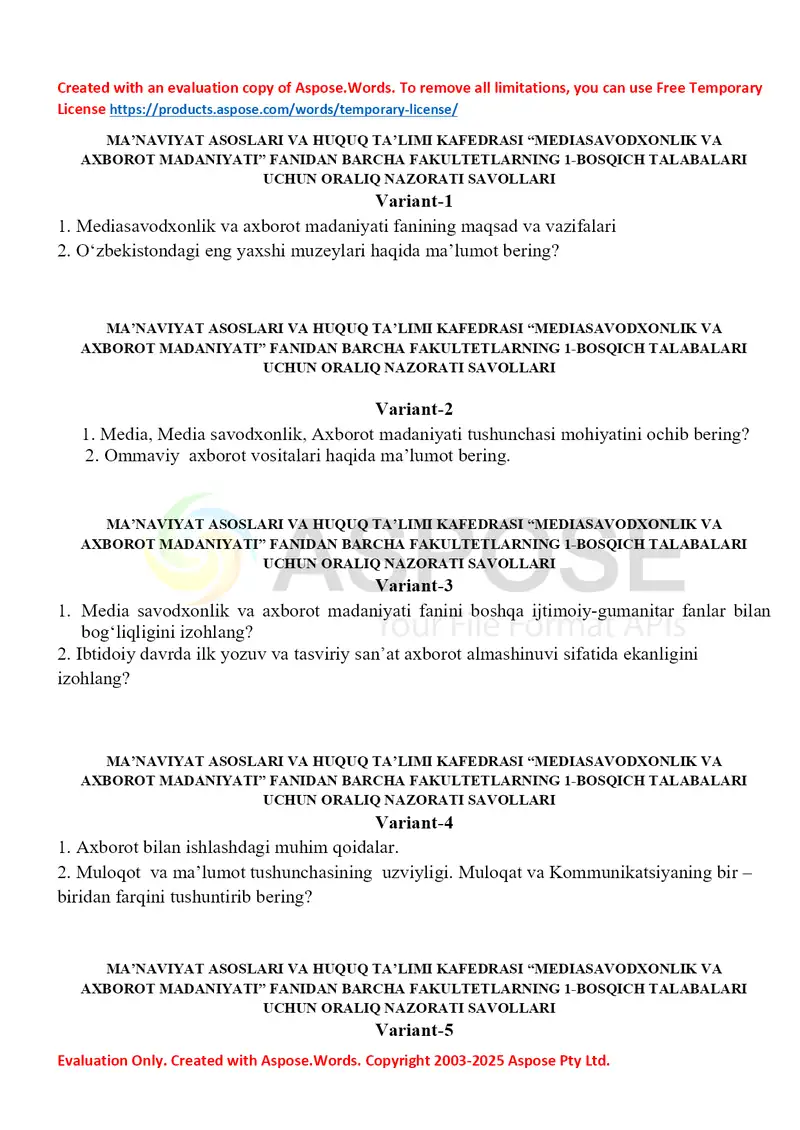 Mediasavodxonlik va axborot madaniyati fani oraliq nazorat savollari to‘plami