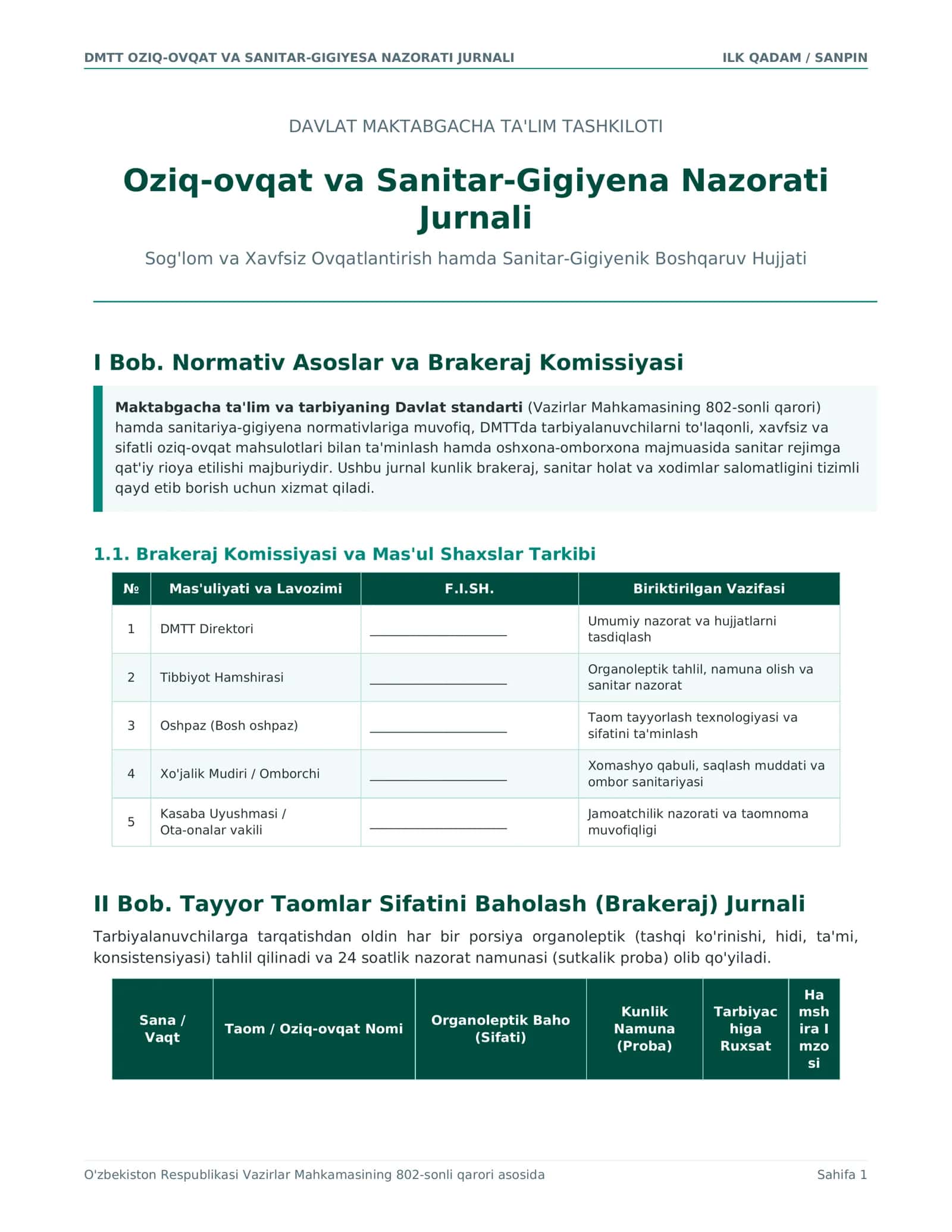 Oziq-Ovqat va Sanitar-Gigiyesa Nazorati Jurnali