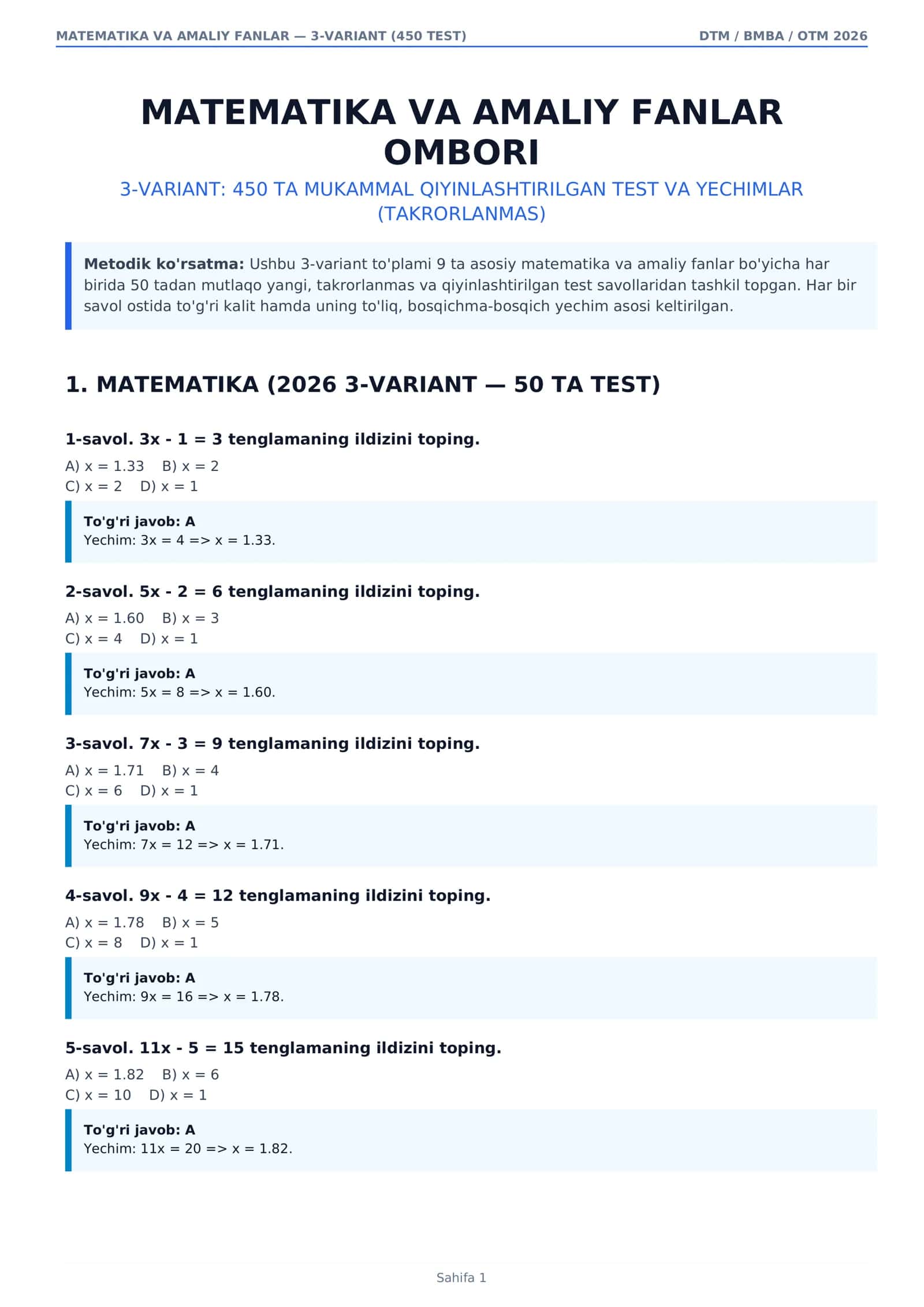 MATEMATIKA VA AMALIY FANLAR — 3-VARIANT (450 TEST)