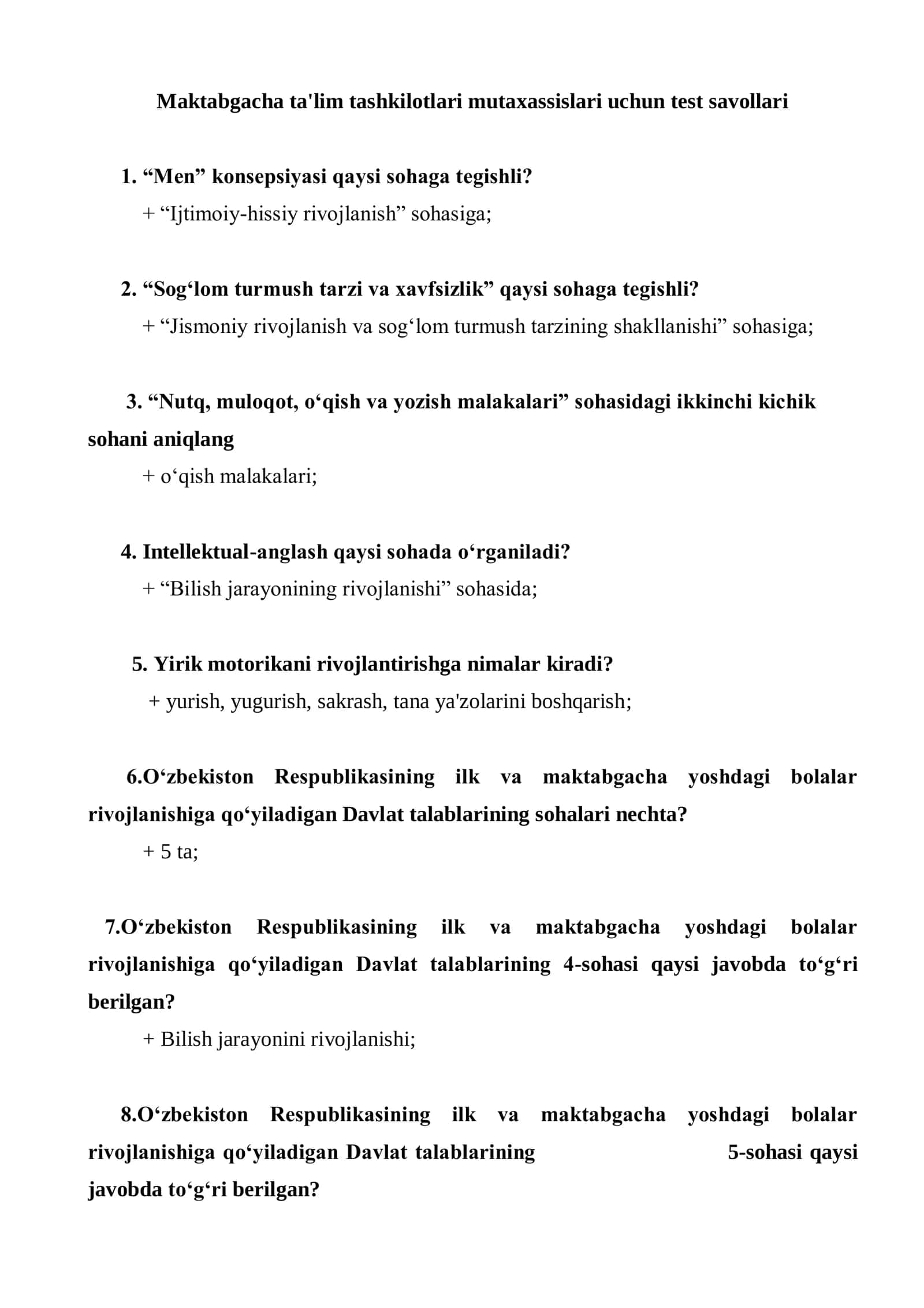 Maktabgacha ta’lim attestatsiyasi uchun 200 ta test javoblari bilan