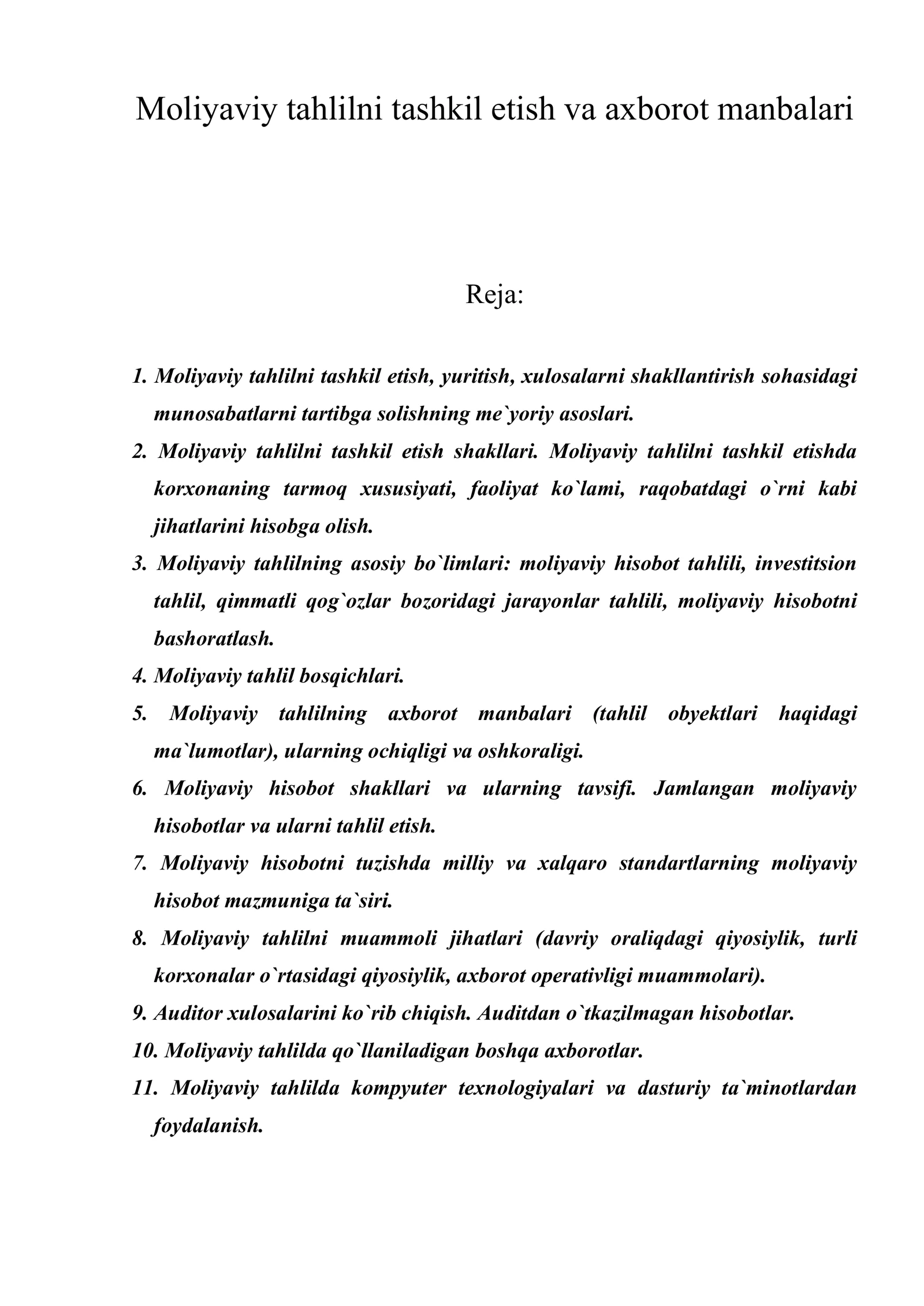 Moliyaviy tahlilni tashkil etish va axborot manbalari
