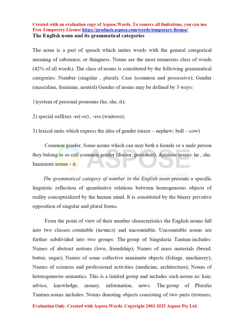 The English noun and its grammatical categories