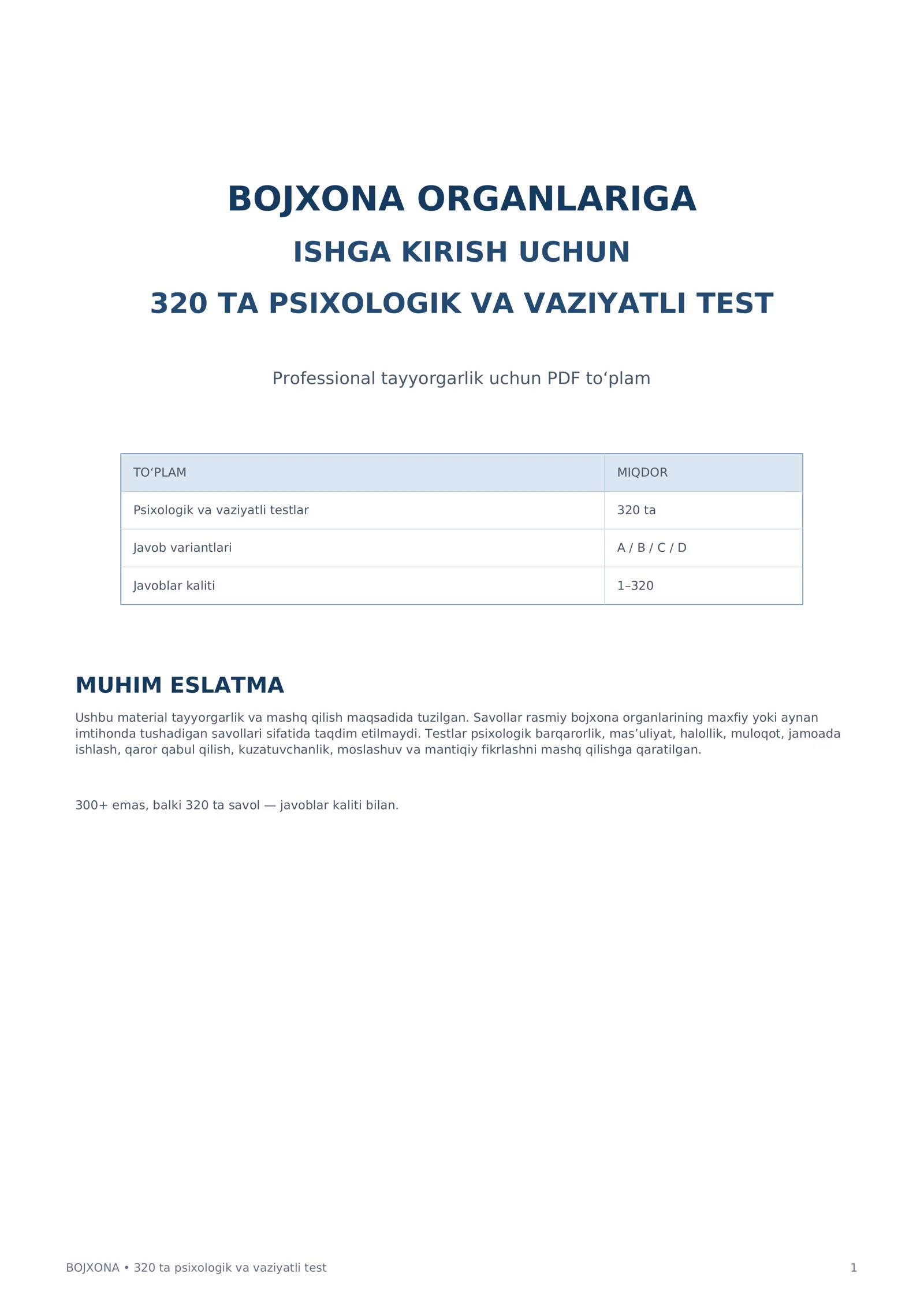 Bojxona Organlariga Ishga Kirish uchun 320 ta Psixologik Test | Javoblar Kaliti bilan PDF