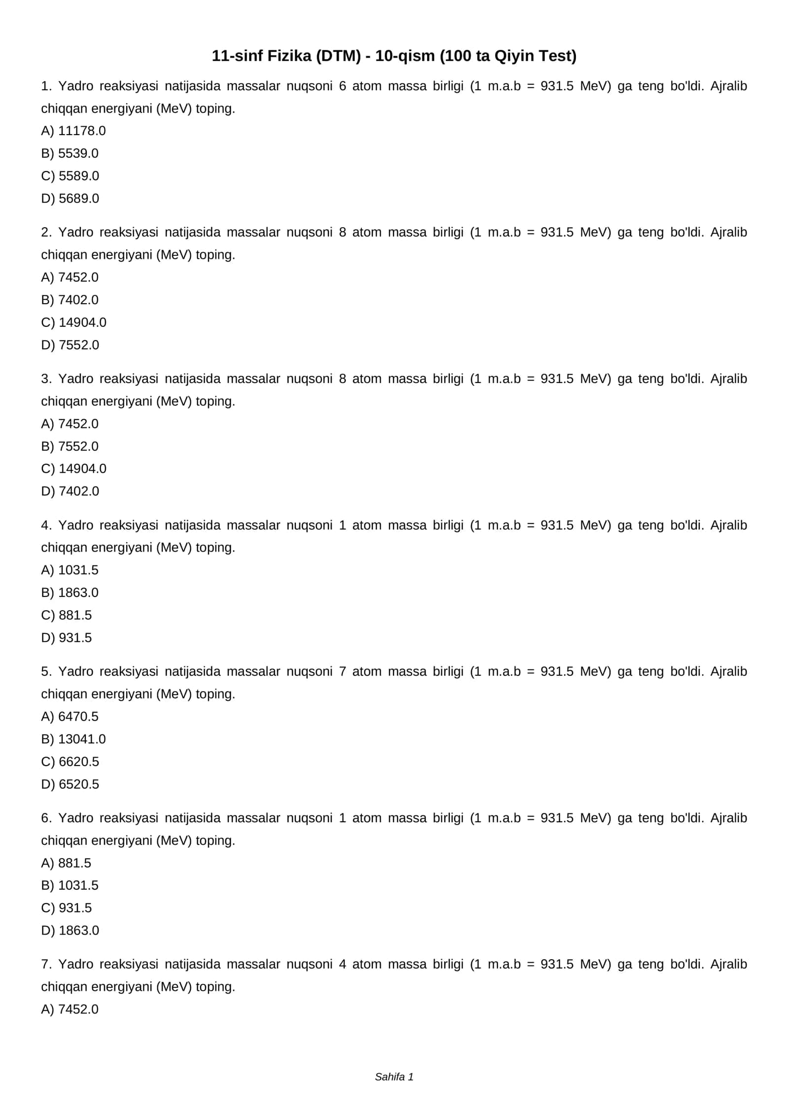 11-sinf Fizika (DTM) - 10-qism (100 ta Qiyin Test)