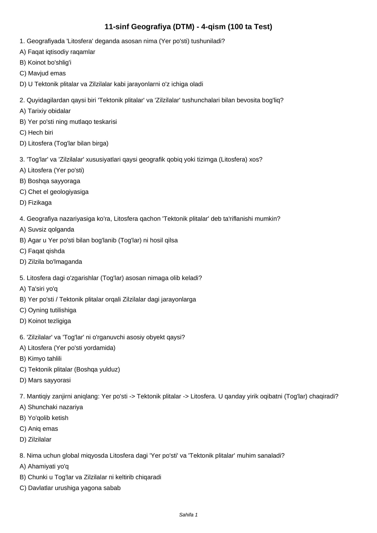 11-sinf Geografiya (DTM) - 4-qism (100 ta Test)