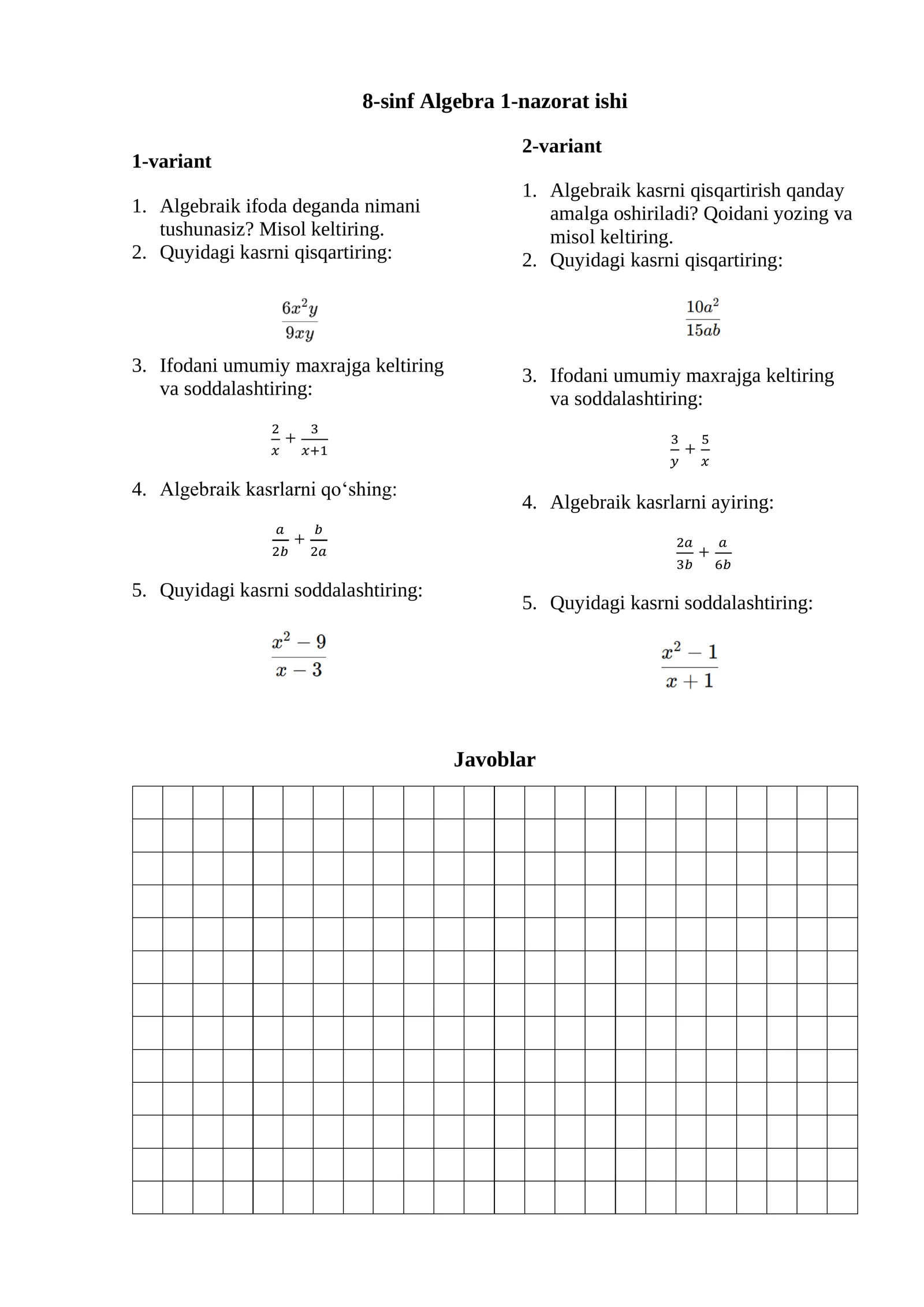 8-sinf Algebra nazorat ishi kitobchasi YANGI DARSLIK