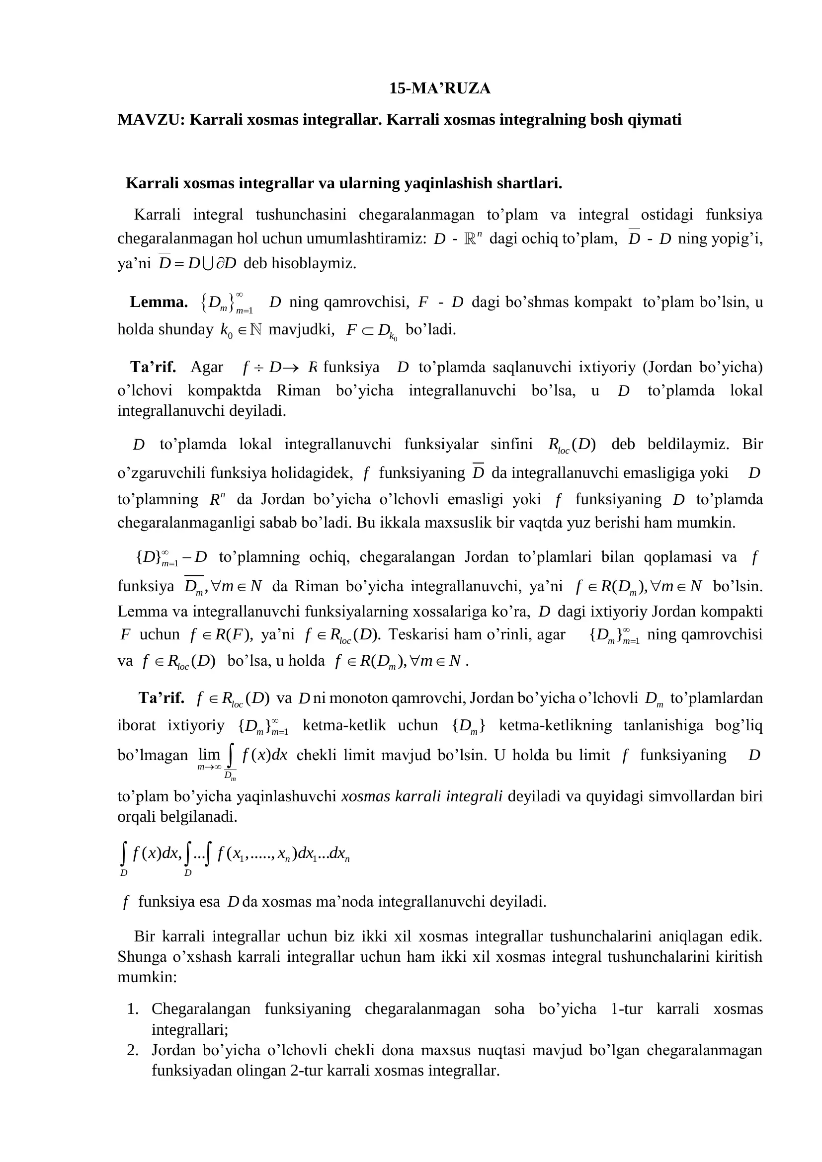 Karrali xosmas integrallar