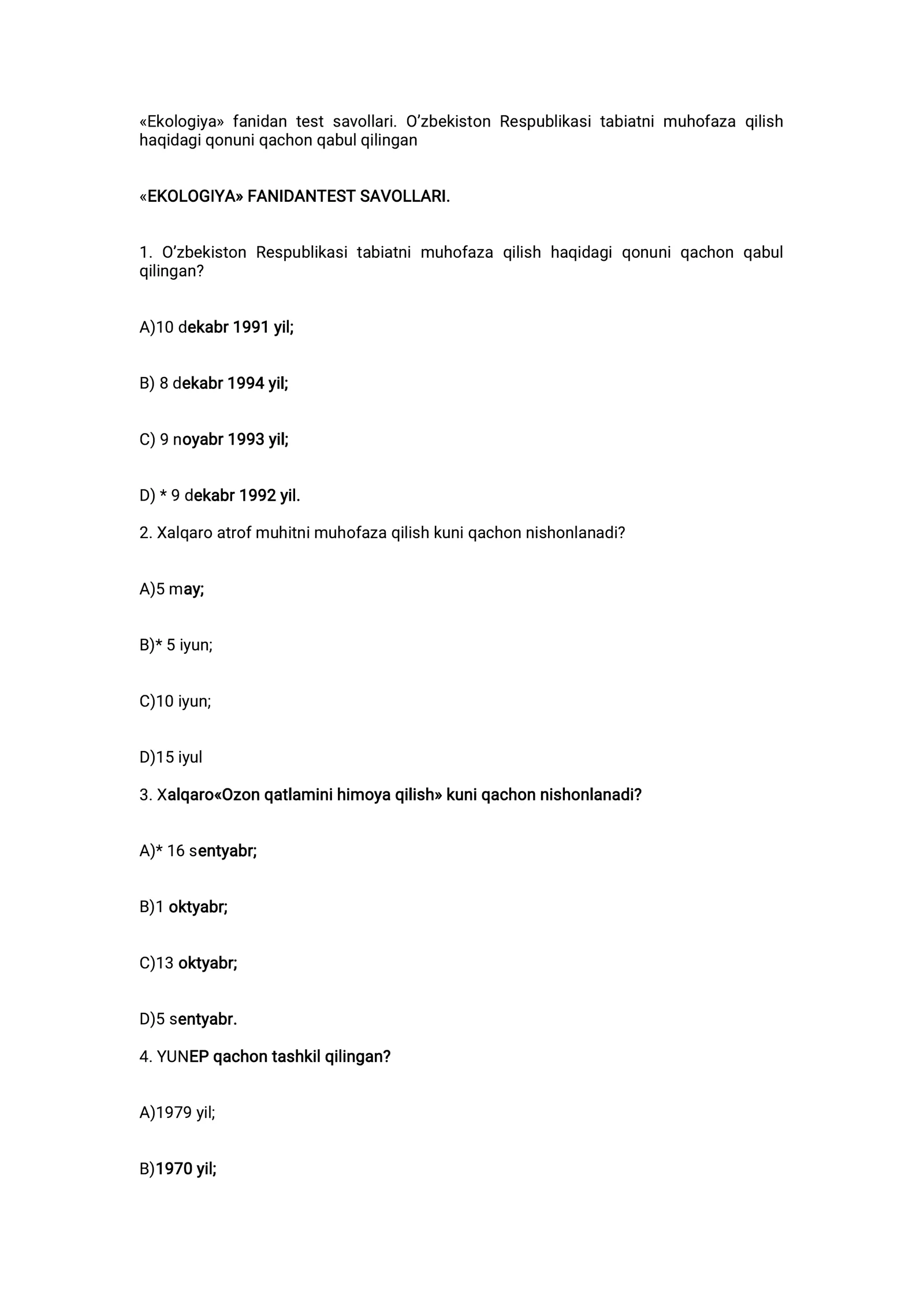 Ekologiya fanidan test savollari