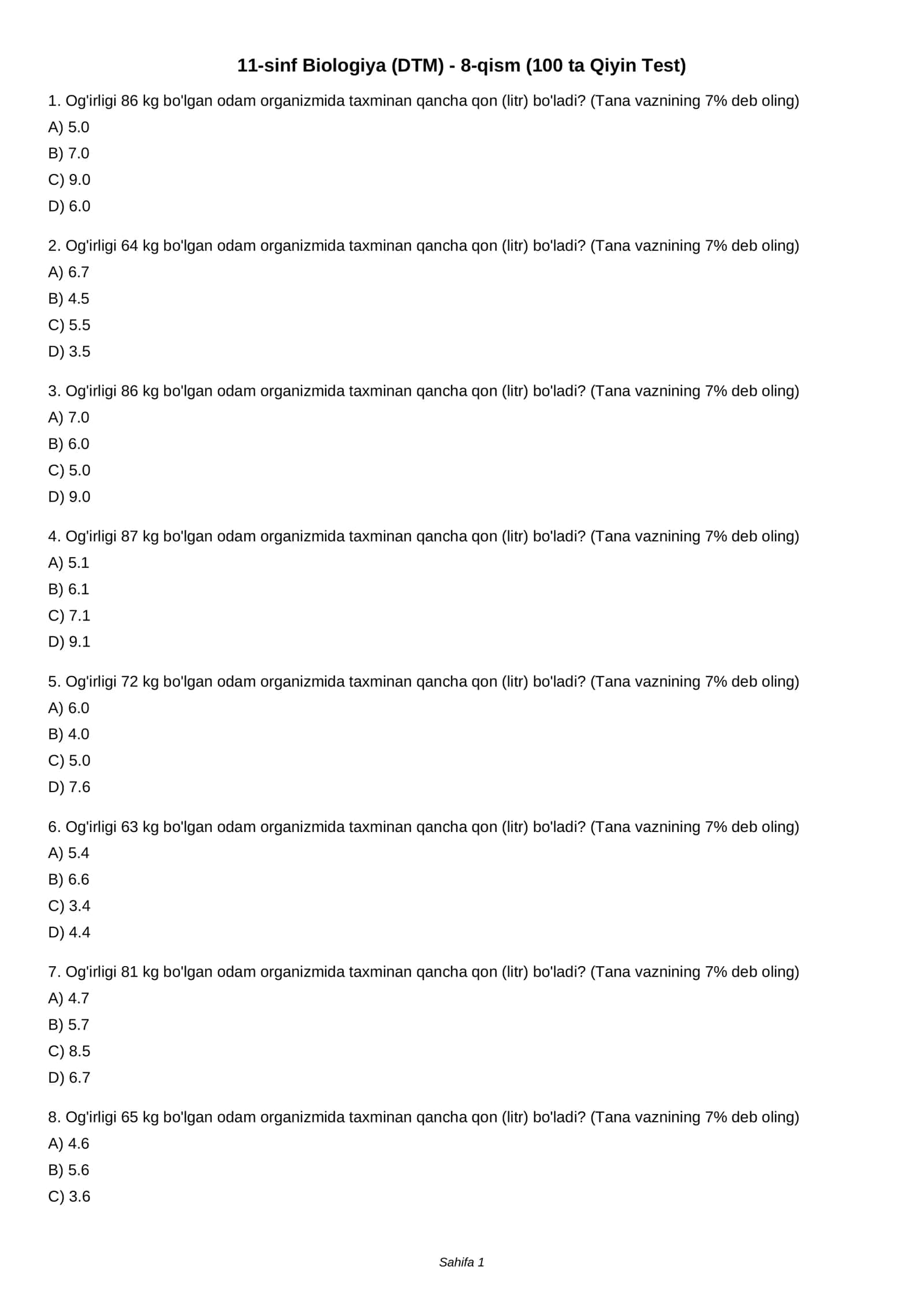 11-sinf Biologiya (DTM) - 8-qism (100 ta Qiyin Test)