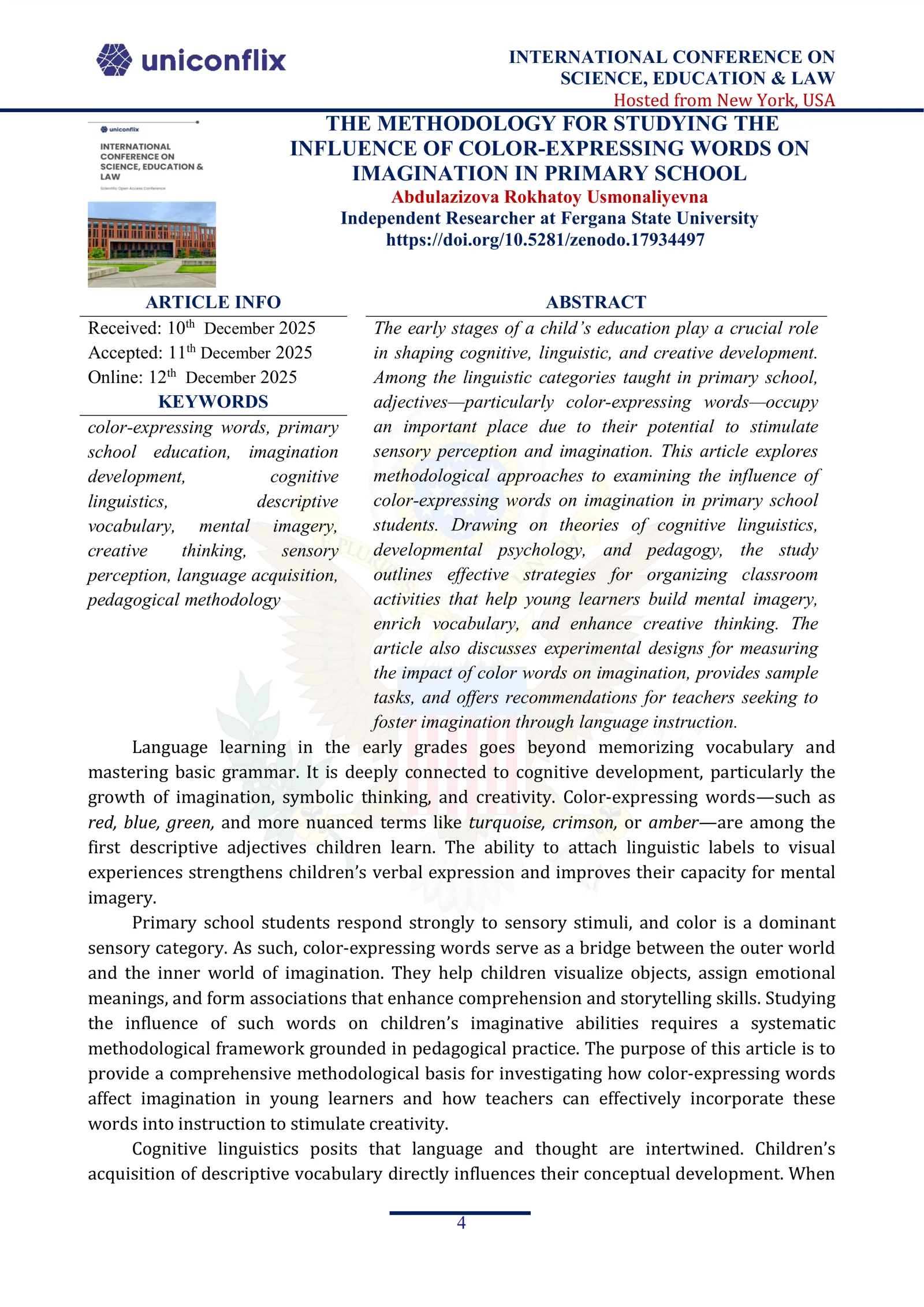 THE METHODOLOGY FOR STUDYING THE INFLUENCE OF COLOR-EXPRESSING WORDS ON IMAGINATION IN PRIMARY SCHOOL