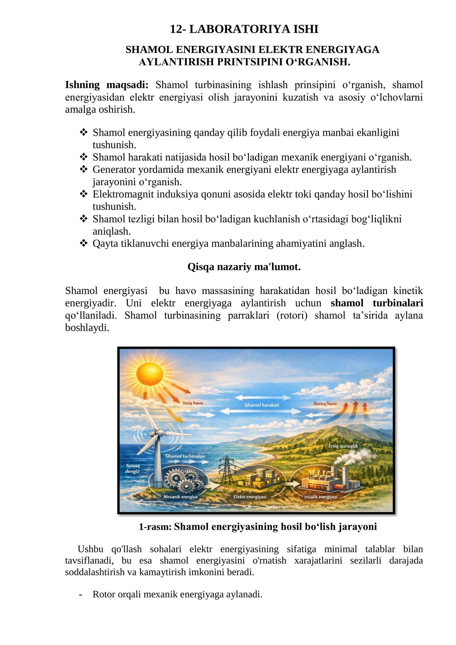 SHAMOL ENERGIYASINI ELEKTR ENERGIYAGA AYLANTIRISH PRINTSIPINI O‘RGANISH