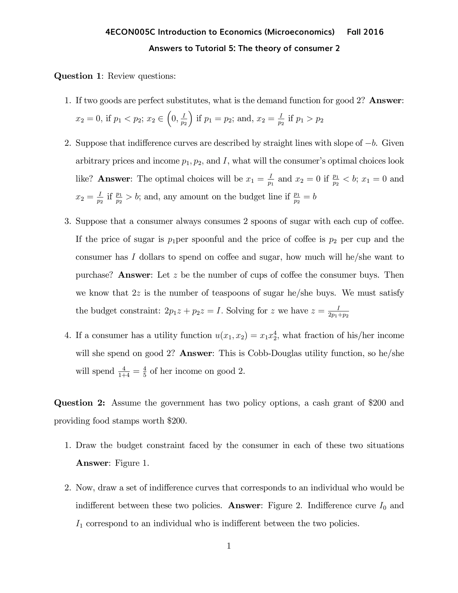 Answers to Tutorial 5: The theory of consumer 2