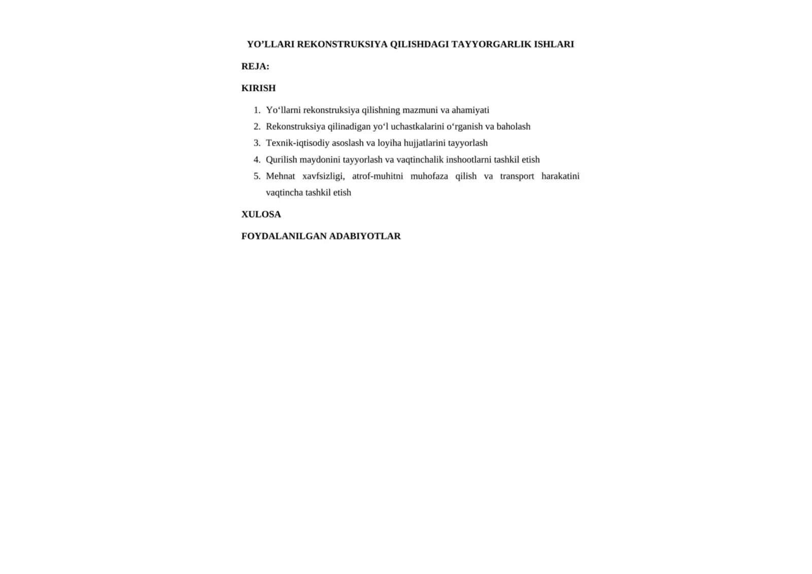 Yo’llarni Rekonstruksiya Qilishdagi Tayyorgarlik Ishlari
