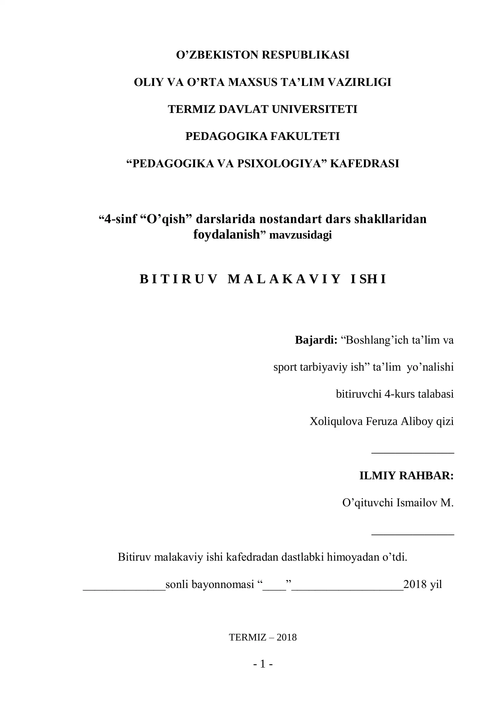 Boshlang'ich ta'lim va sport tarbiyaviy ish