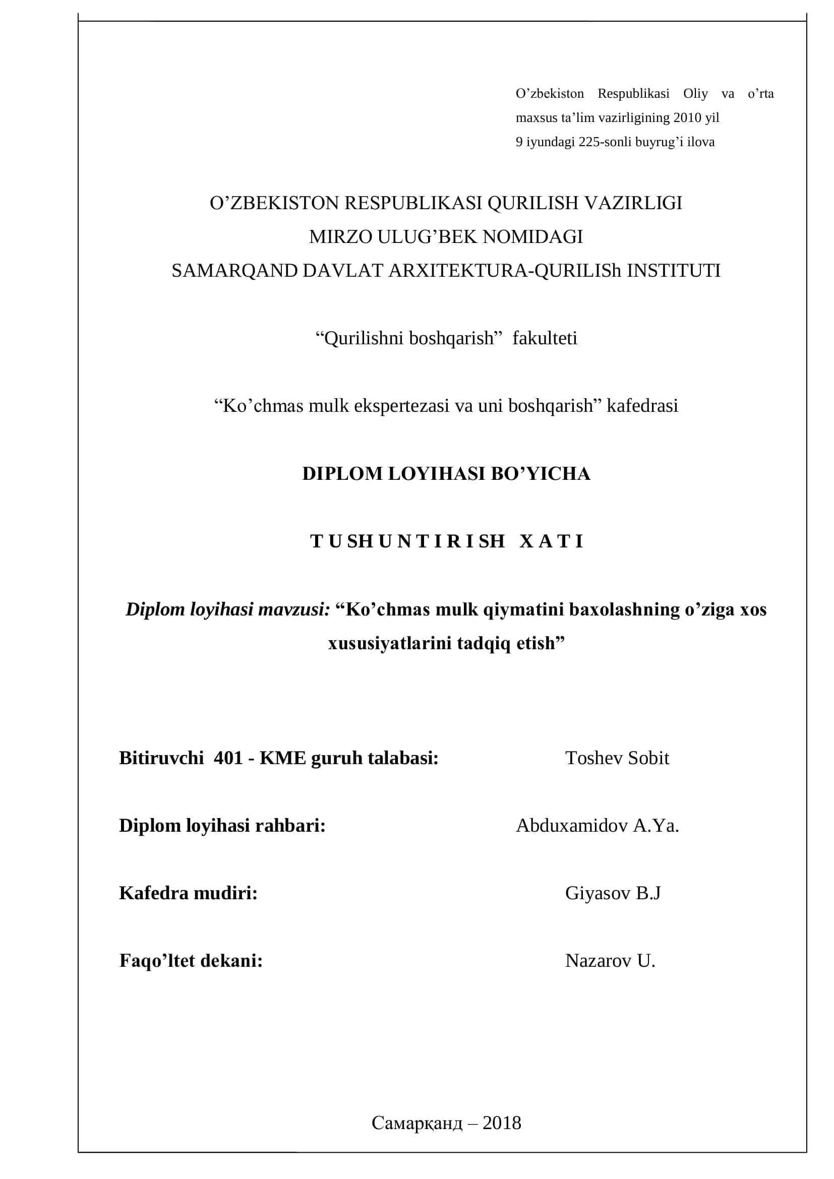 Ko'chmas mulk ekspertizasi va uni boshqarish