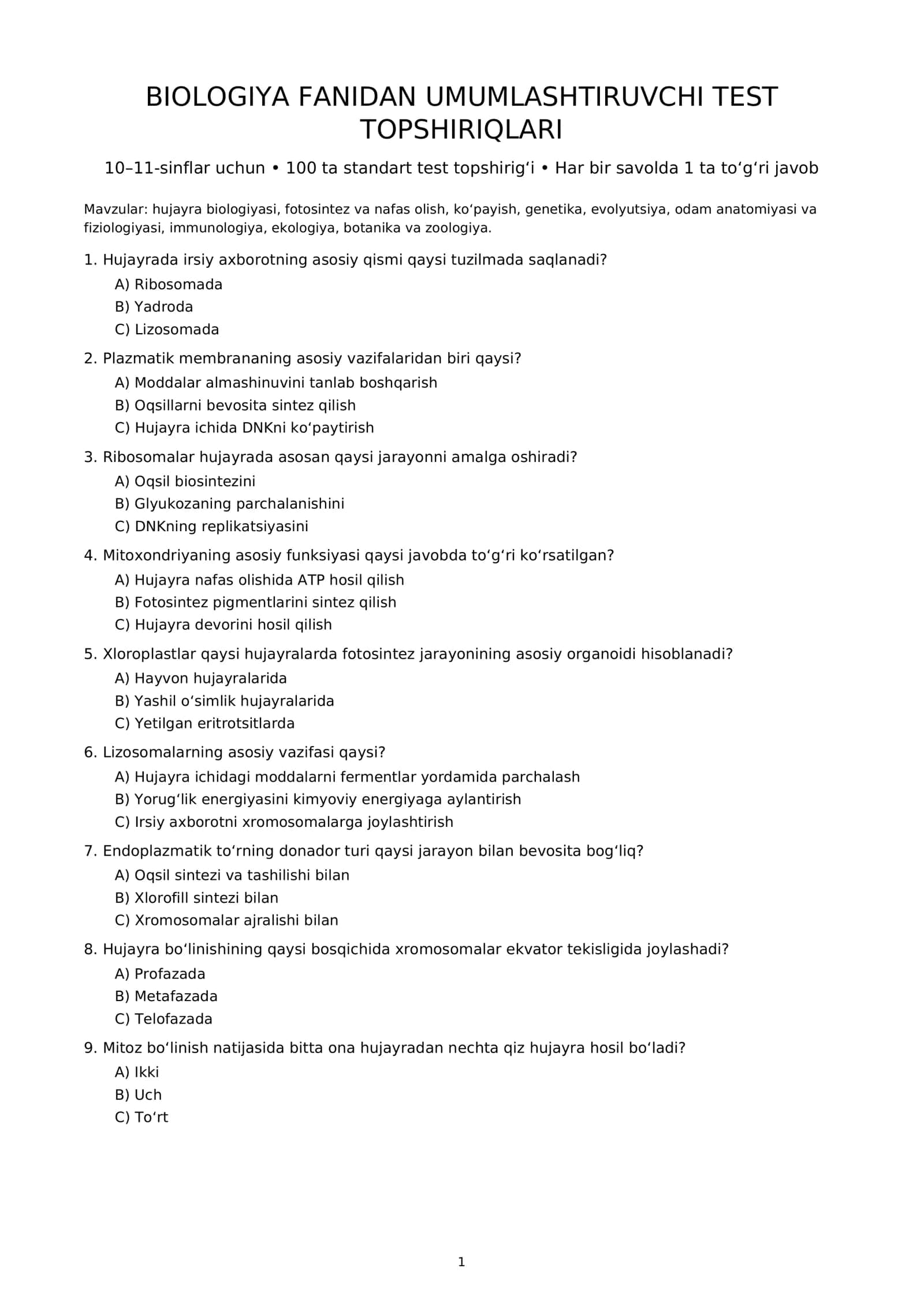 Argos Biologiya 10-11 sinf 100ta test