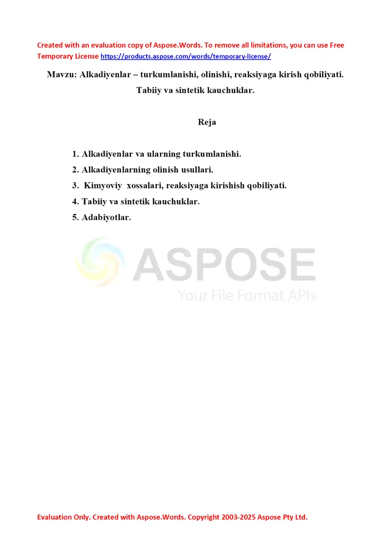5. Alkadiyenlar – turkumlanishi, olinishi, reaksiyaga kirish qobiliyati. Tabiiy va sintetik kauchuklar. Referat 12 bet