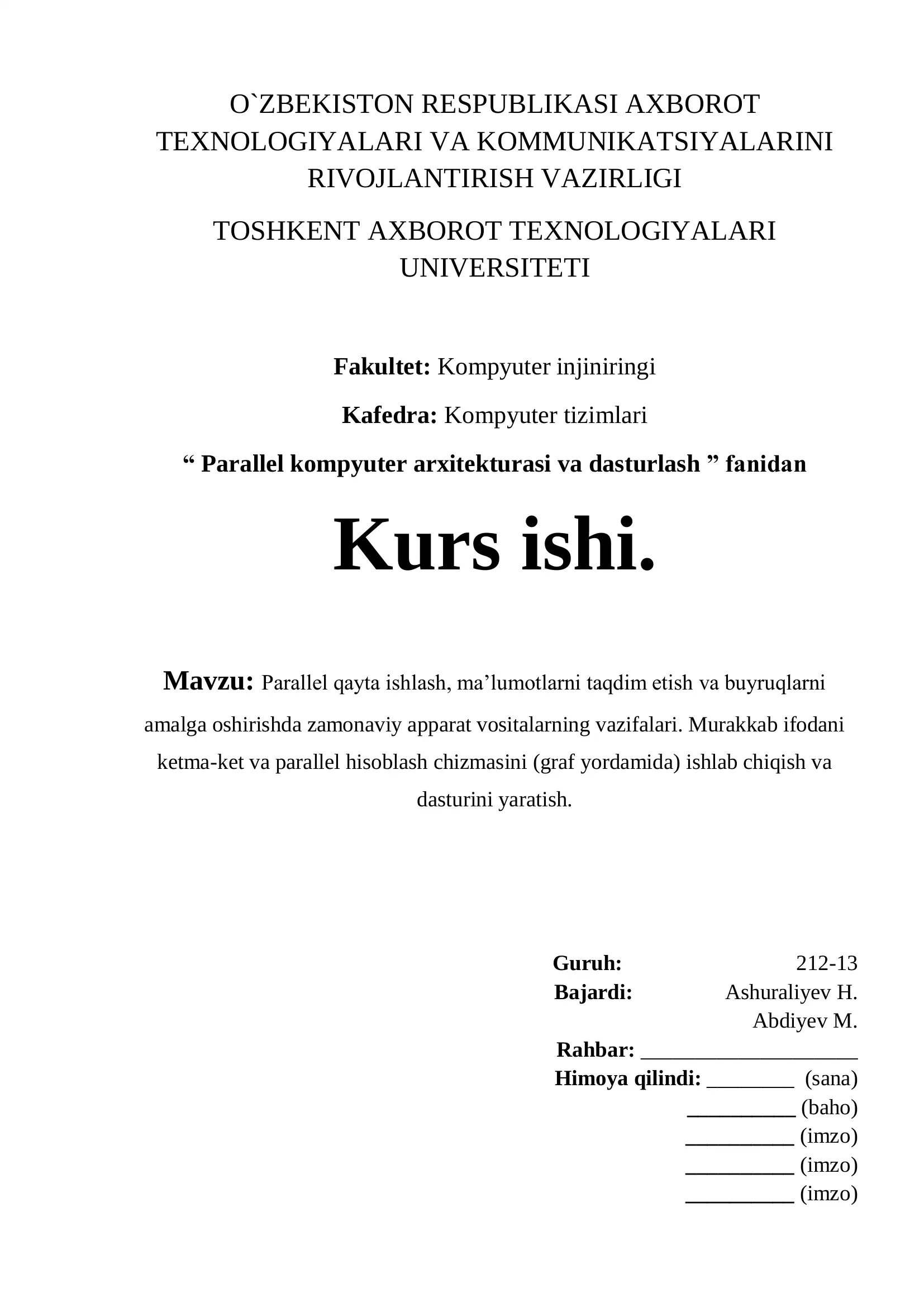 Parallel kompyuter arxitekturasi va dasturlash fanidan Kurs ishi
