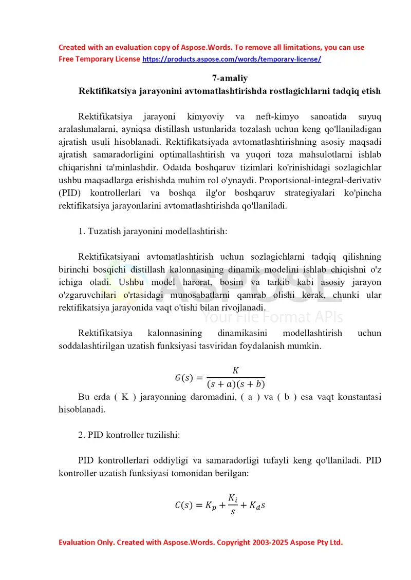 Rektifikatsiya jarayonini avtomatlashtirishda PID-rostlagichlarni tadqiq etish