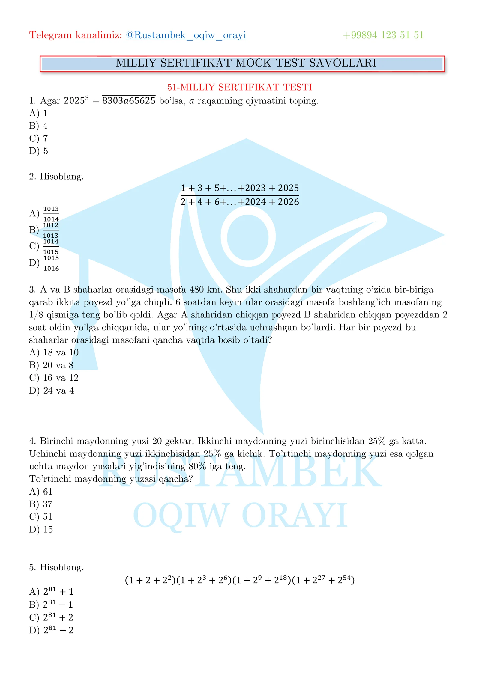 MILLIY SERTIFIKAT MOCK TEST SAVOLLARI
