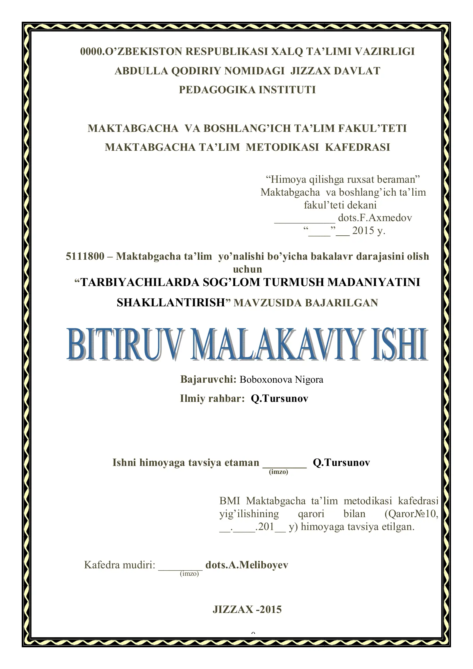 TARBIYACHILARDA SOG’LOM TURMUSH MADANIYATINI SHAKLLANTIRISH