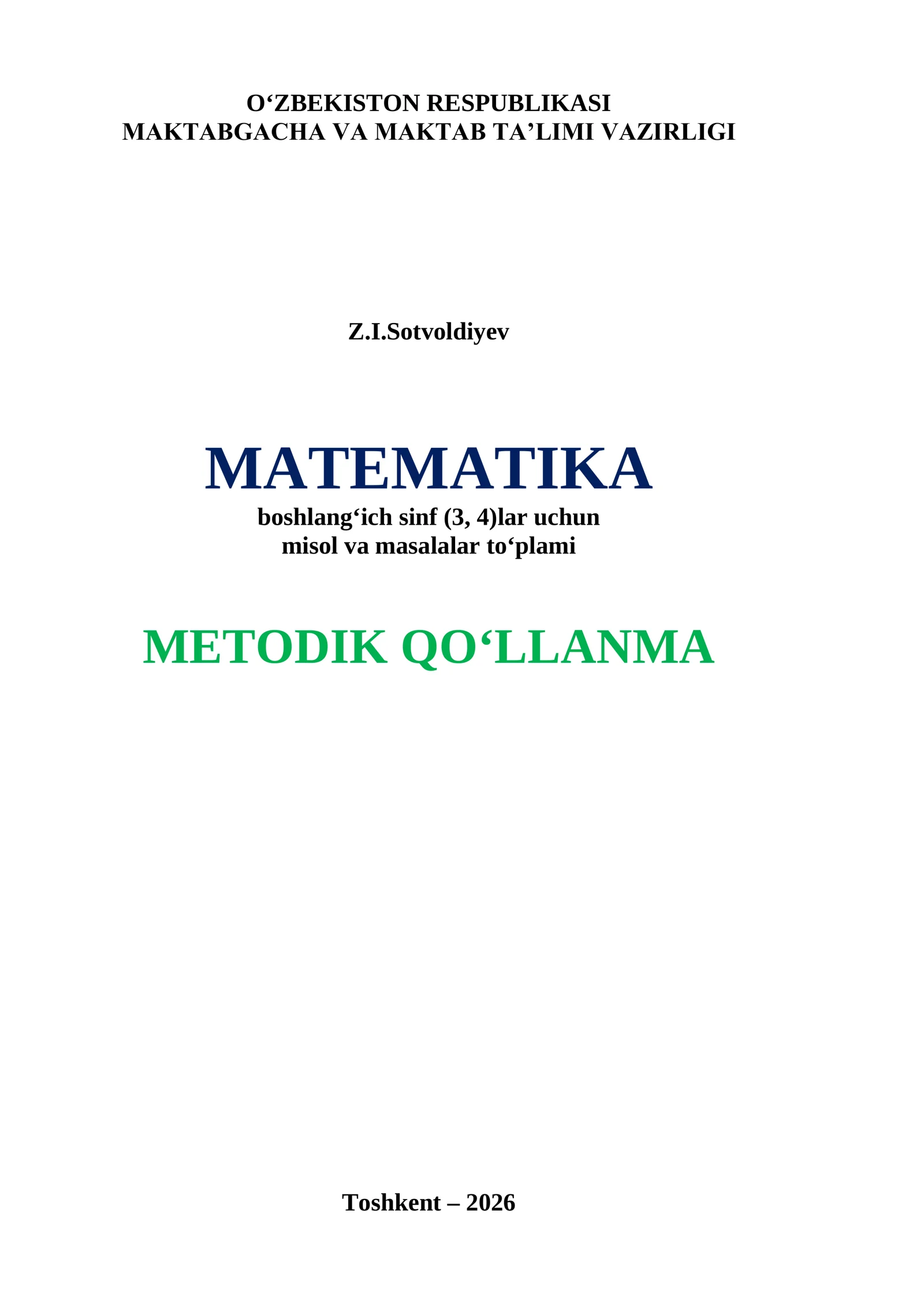 Matematika boshlang‘ich sinf (3, 4)lar uchun misol va masalalar to‘plami