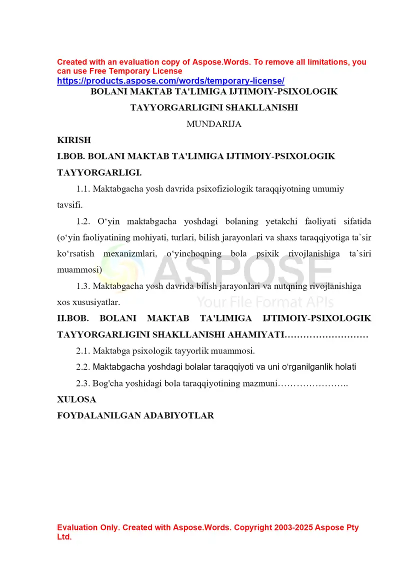 Bolani maktab ta’limiga ijtimoiy-psixologik tayyorgarligini shakllanishi
