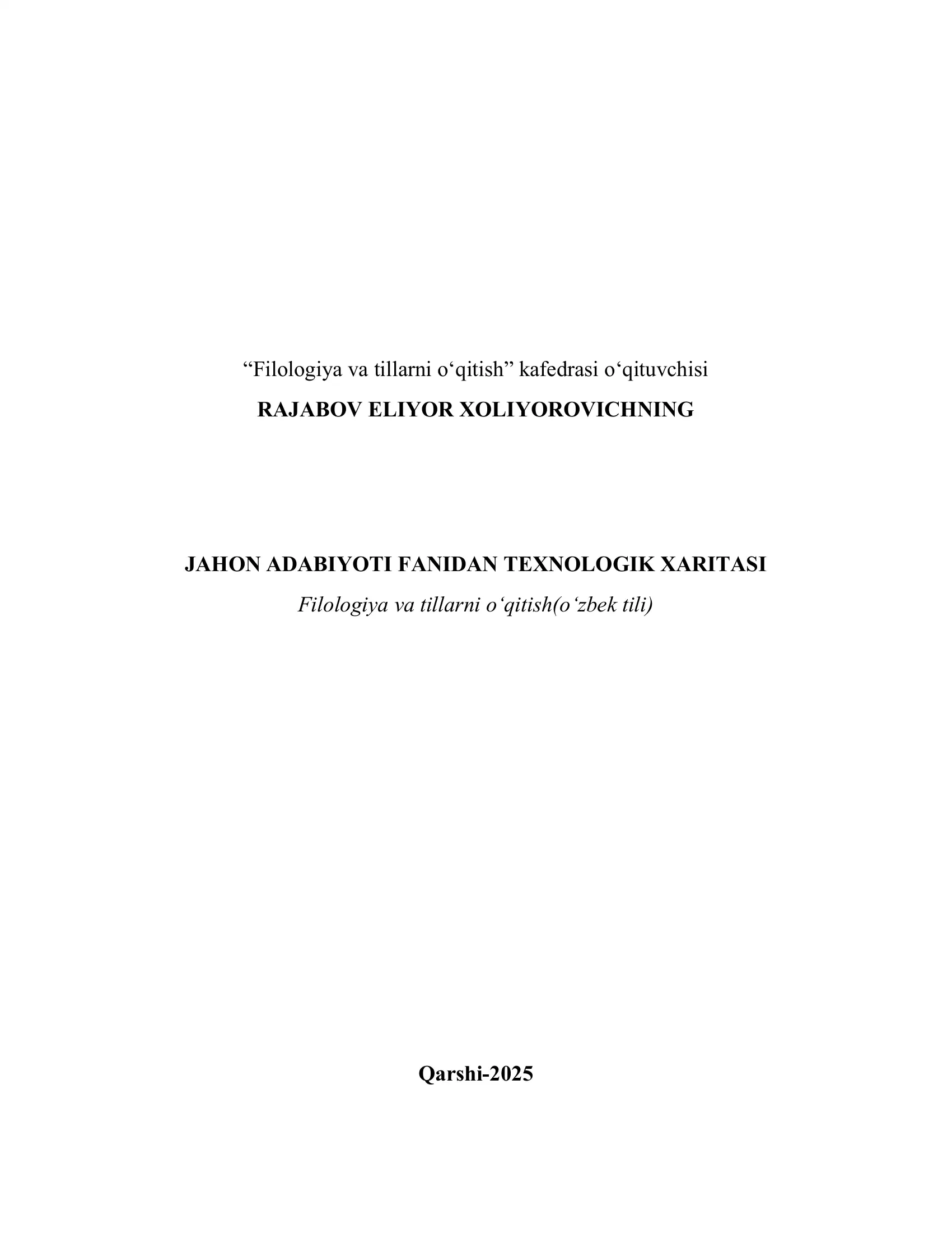 Jahon Adabiyoti Fanidan Texnologik Xarita