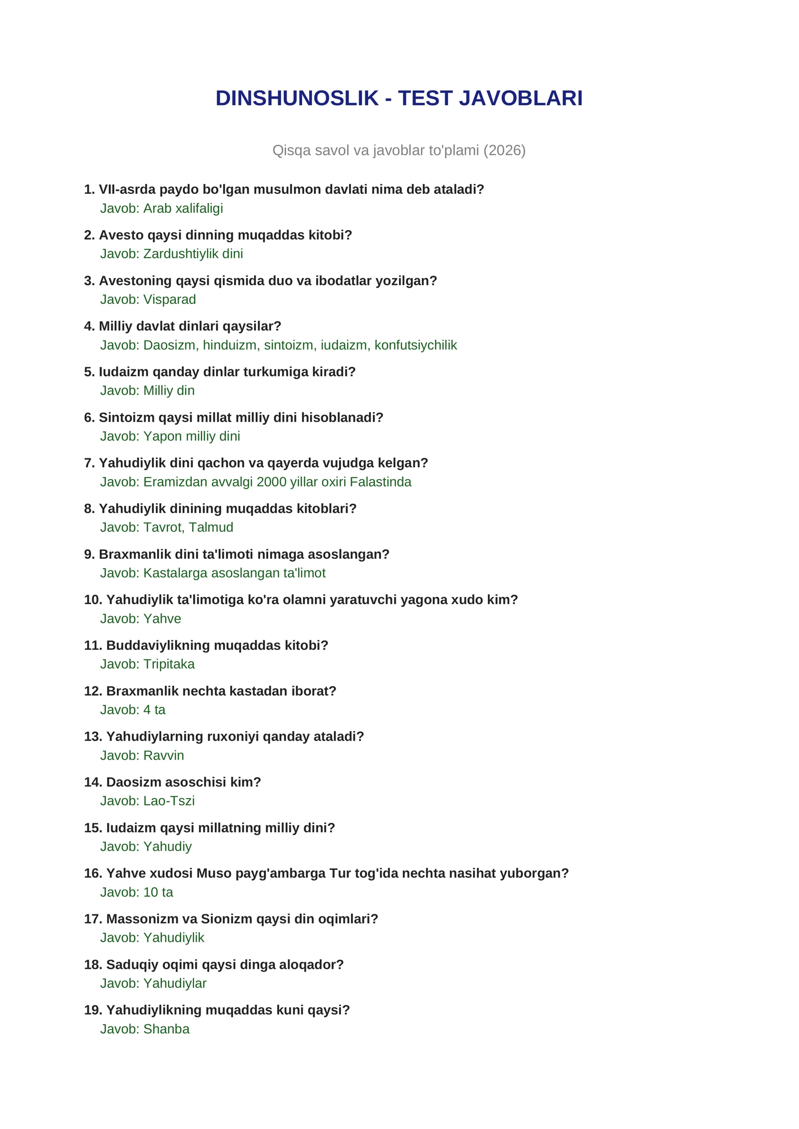 DINSHUNOSLIK - TEST JAVOBLARI