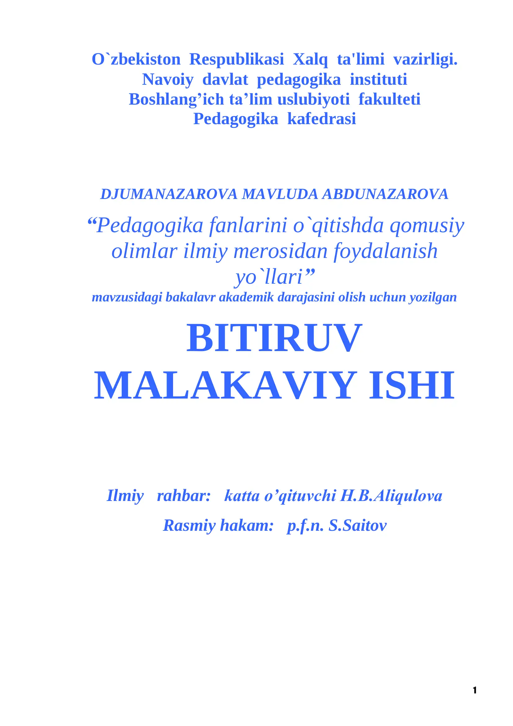 Barkamol avlod tarbiyasi pedagogika fanlarini o`qitish: Murabbiy faoliyati