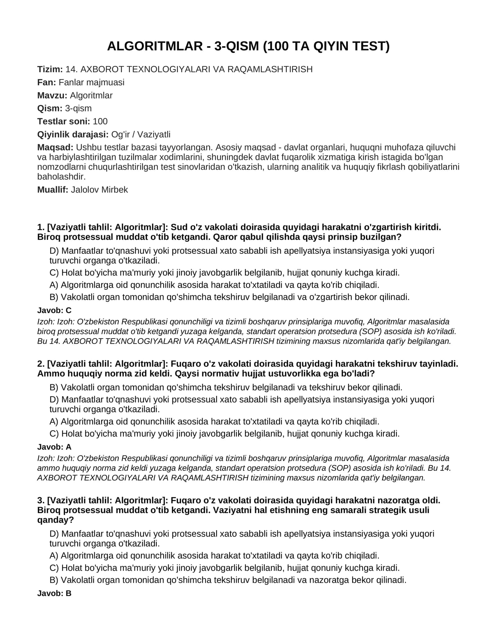 ALGORITMLAR - 3-QISM (100 TA QIYIN TEST)