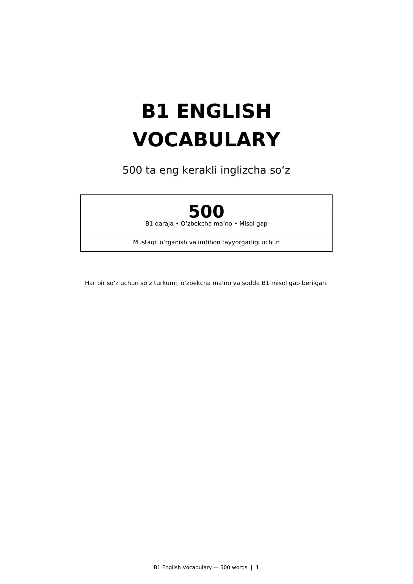 📚B1 English Vocabulary — 500 ta eng kerakli inglizcha so‘z | O‘zbekcha tarjima + misollar